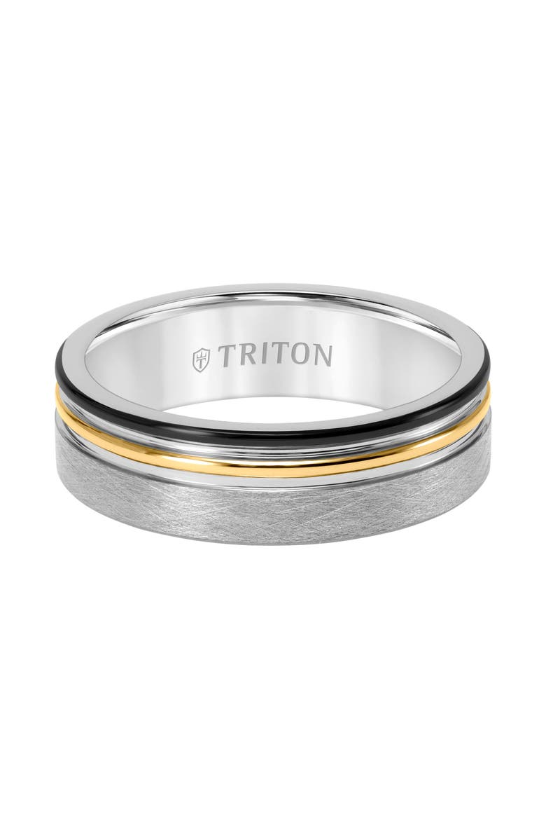Triton 7MM Tungsten Carbide Ring with Black, Yellow and Grey Tungsten Center Groove with Crystaline Finish, Alternate, color, 
