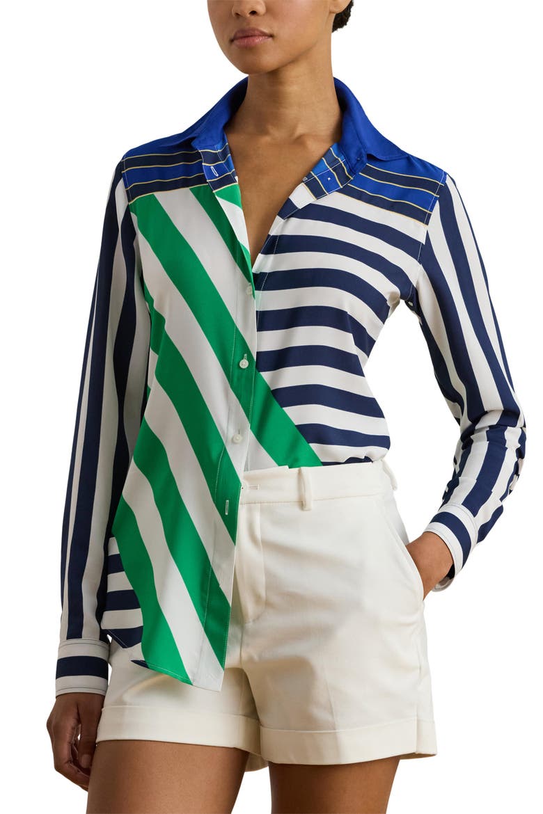 Stripe Button-Up Blouse, Main, color, NAVY BLUE/ WHITE/ GREEN