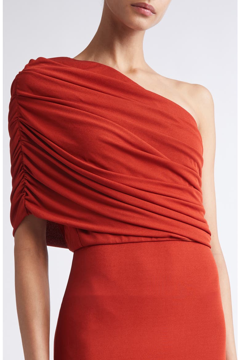 Ruched One-Shoulder Knit Gown, Alternate, color, BRICK
