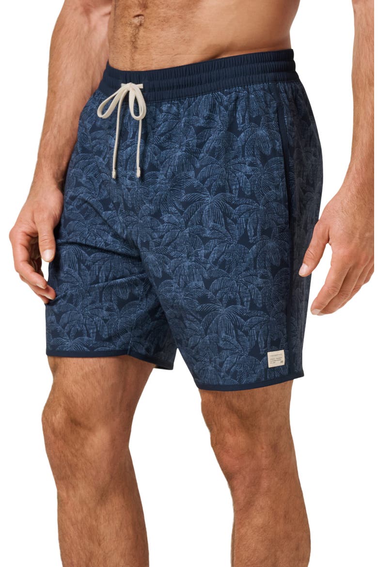 Tidal Whisper Palm Tree Print Swim Trunks, Alternate, color, TOTAL ECLIPSE