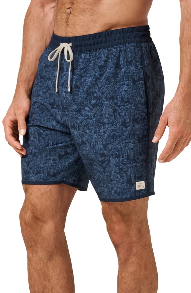 TravisMathew Tidal Whisper Palm Tree Print Swim Trunks, Alternate, color, Total Eclipse