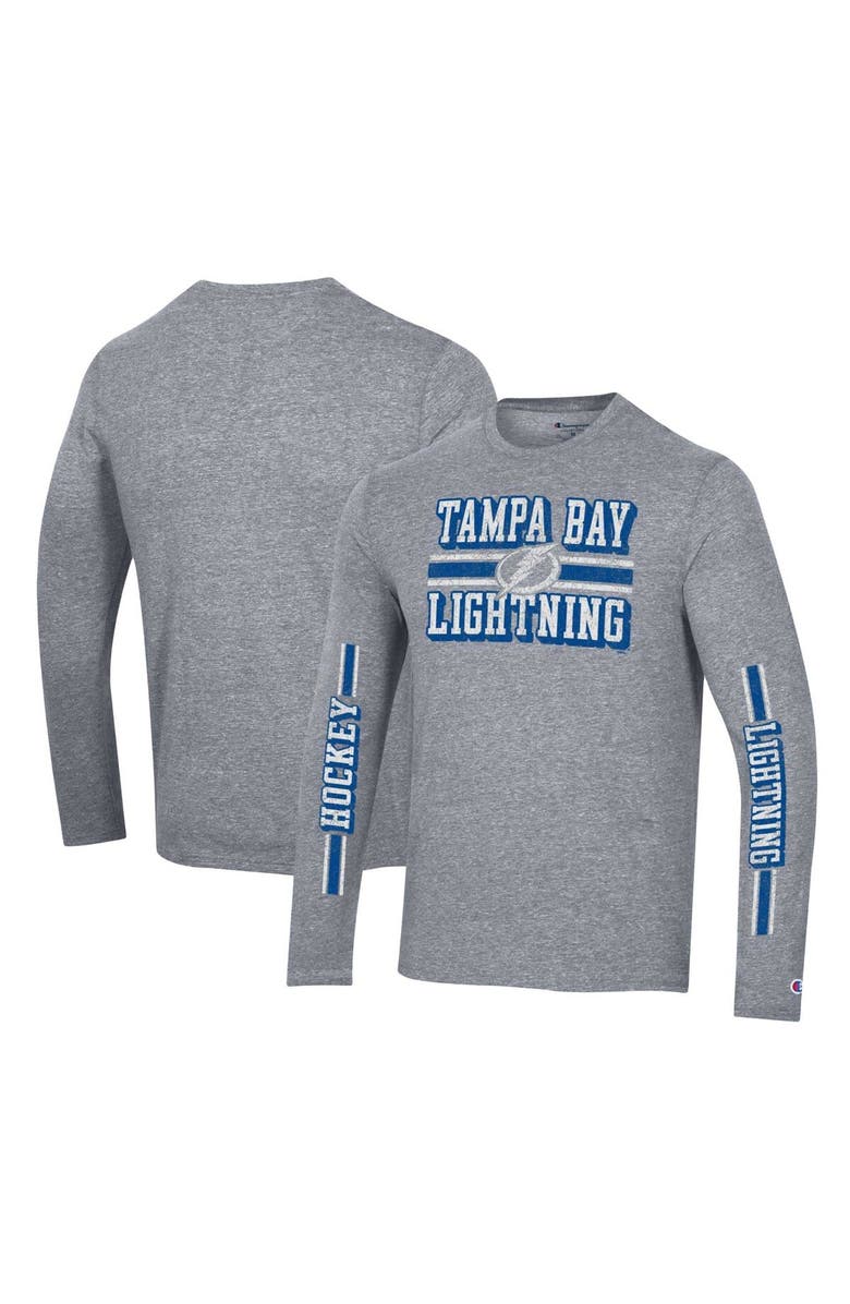Champion Men's Champion Heather Gray Tampa Bay Lightning Tri-Blend Dual-Stripe Long Sleeve T-Shirt, Main, color, 