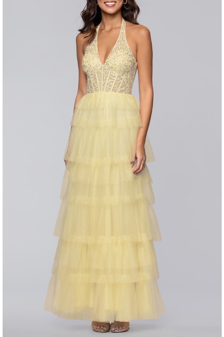 Tiered Mesh Gown, Main, color, YELLOW