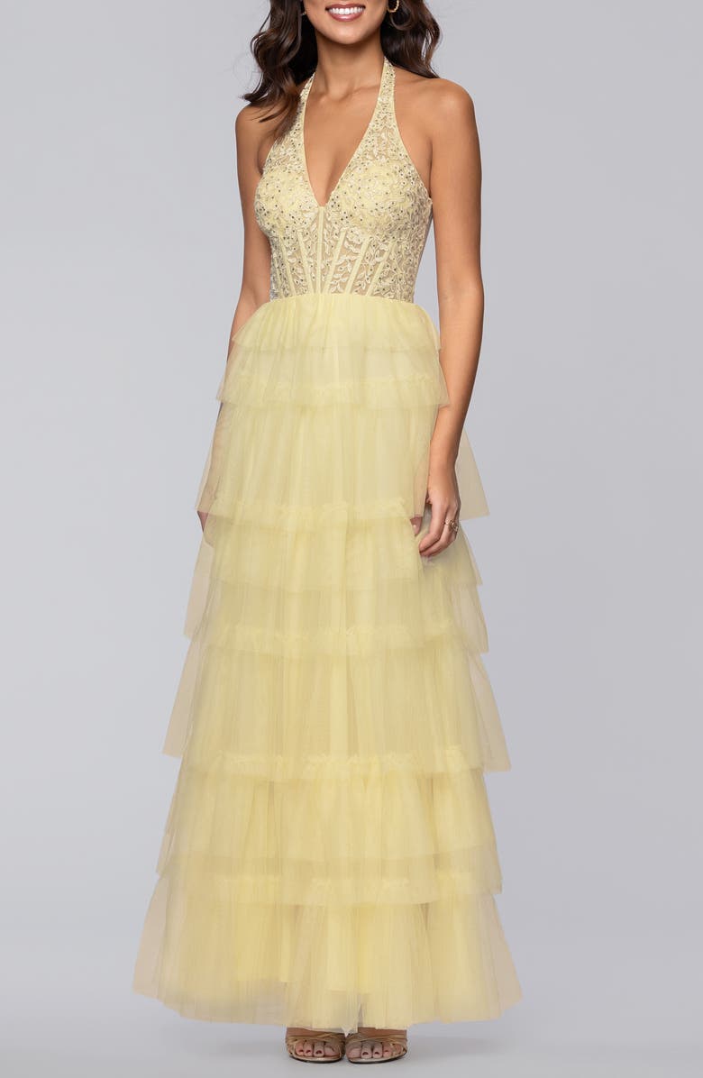 Blondie Nites Tiered Mesh Gown, Main, color, Yellow