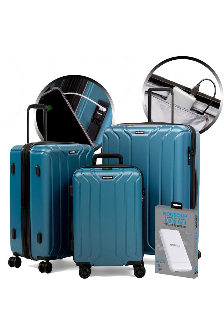 New York 3 Piece (20"/24"/28") Luggage Set With Powerbank & 3 Packing Cubes, Main, color, Teal