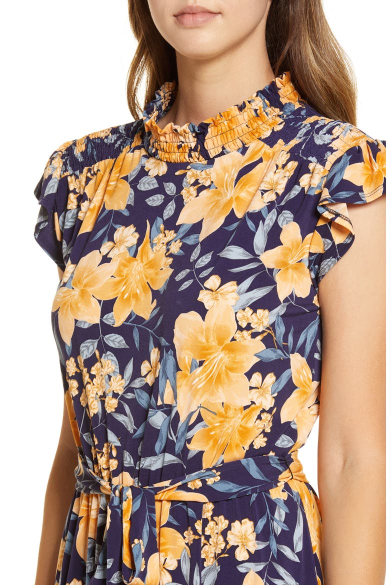 Floral Print Belted A-Line Dress, Alternate, color, NAVY/ GOLDEN YELLOW