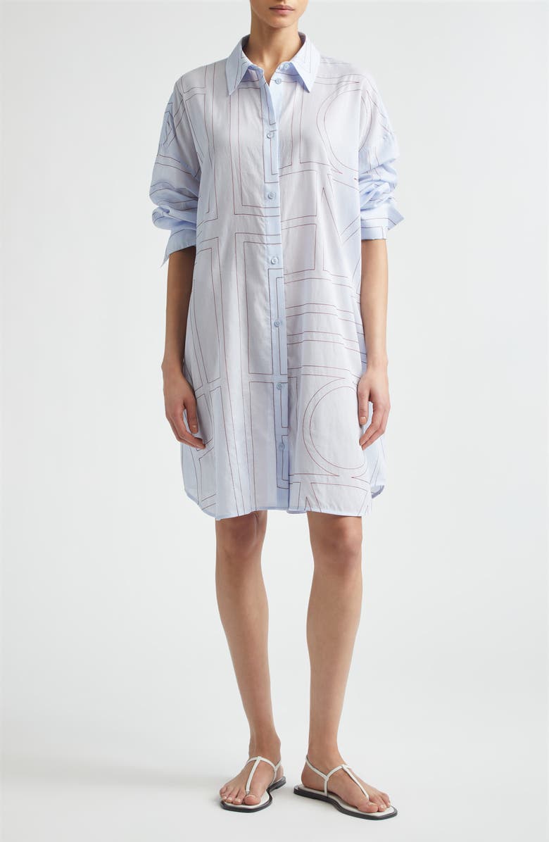 TOTEME Long Summer Long Sleeve Logo Embroidered Shirtdress, Main, color, Sky/ Red
