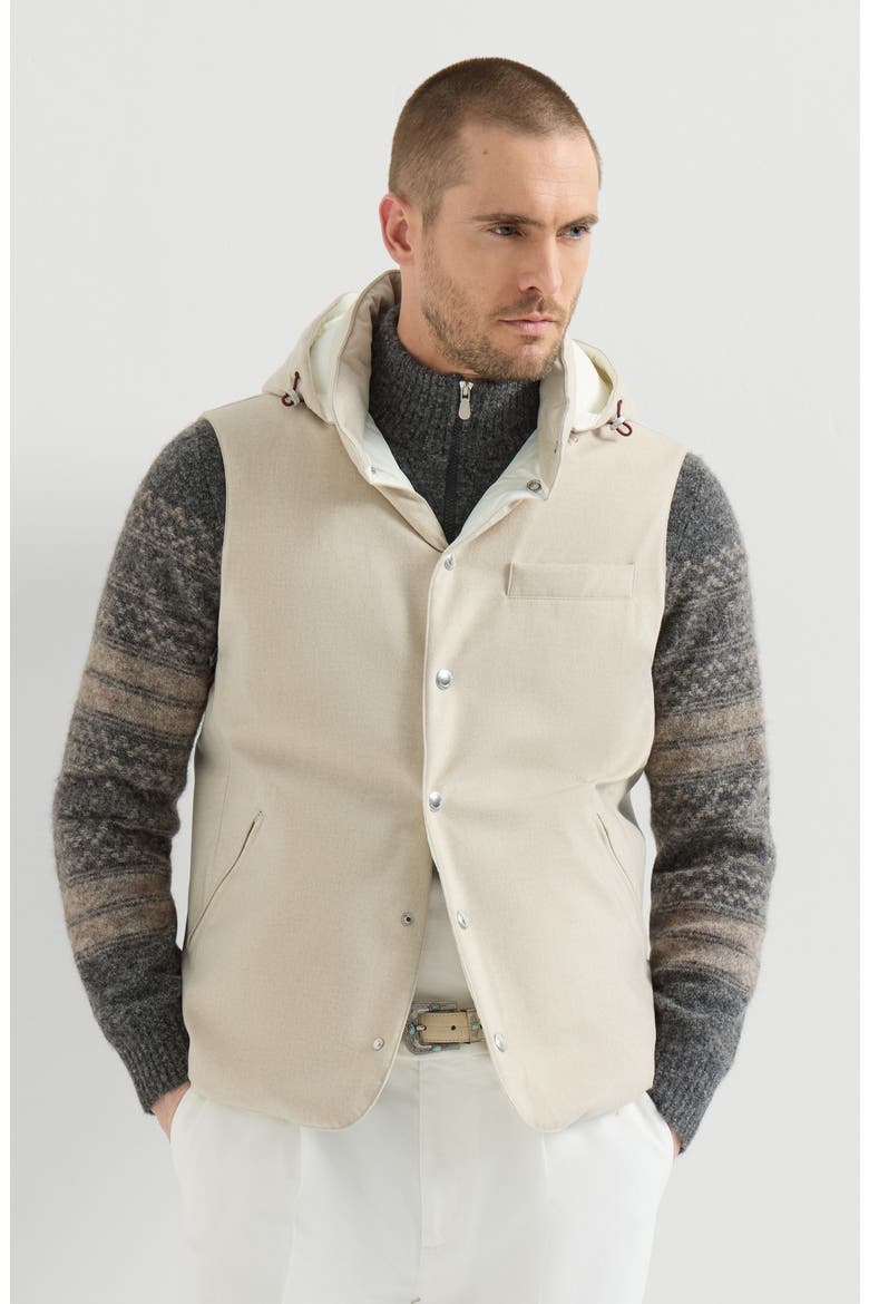 Bonded wool flannel down vest with detachable hood, Main, color, Sand