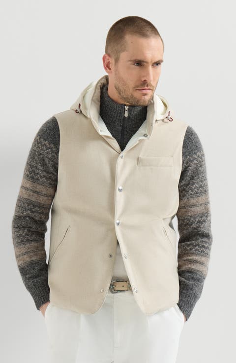 Bonded wool flannel down vest with detachable hood