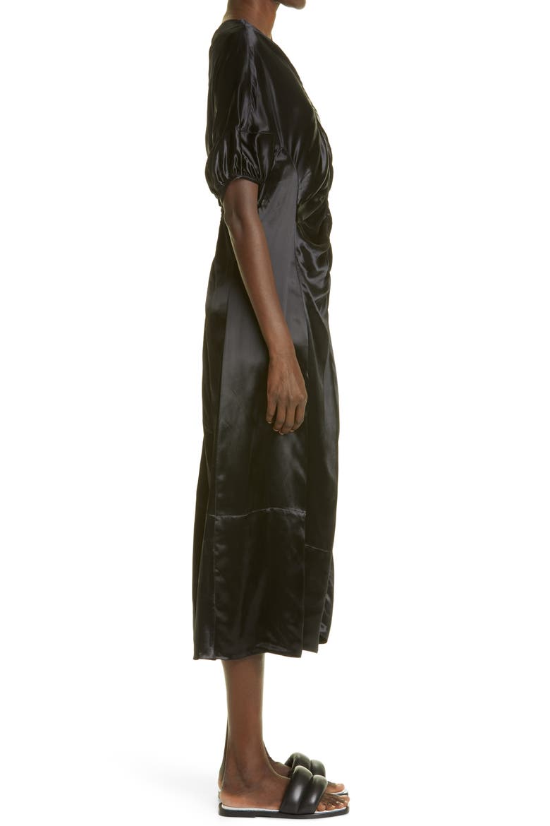 Puff Sleeve Ruched Satin Midi Dress, Alternate, color, BLACK
