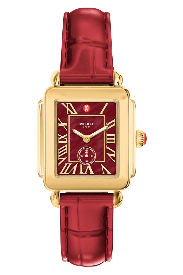Deco Sport Mid Leather Strap Watch, 29mm x 31mm, Main, color, RED