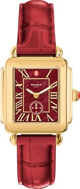 MICHELE Deco Sport Mid Leather Strap Watch, 29mm x 31mm