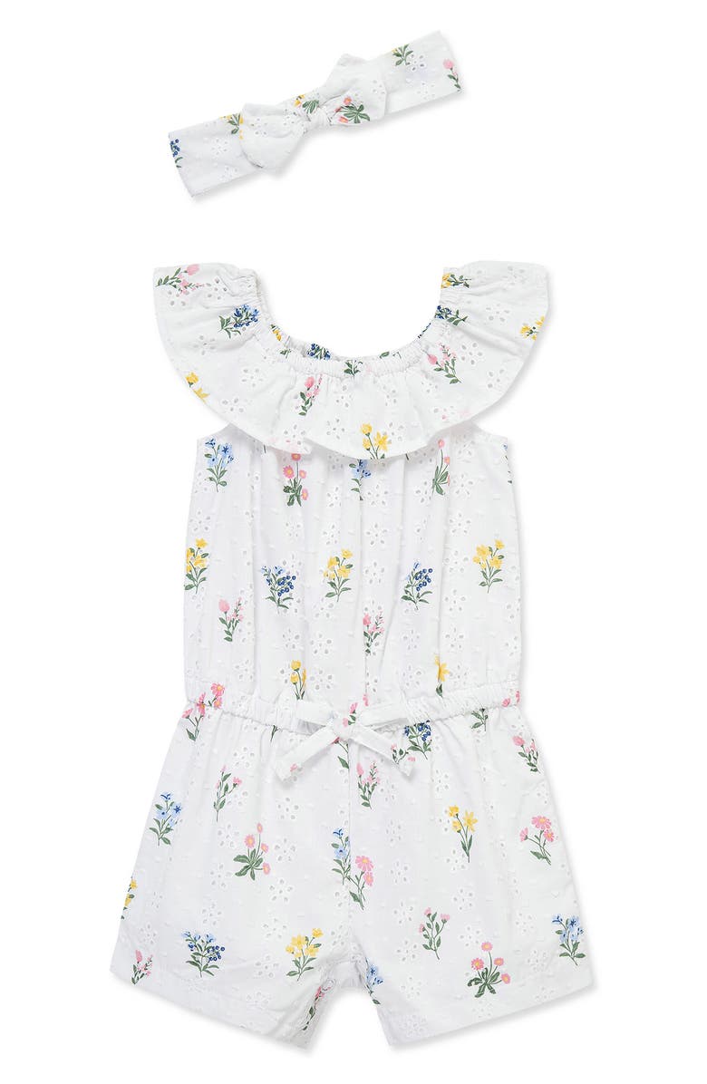 Little Me Garden Eyelet Cotton Romper & Headband, Main, color, Floral