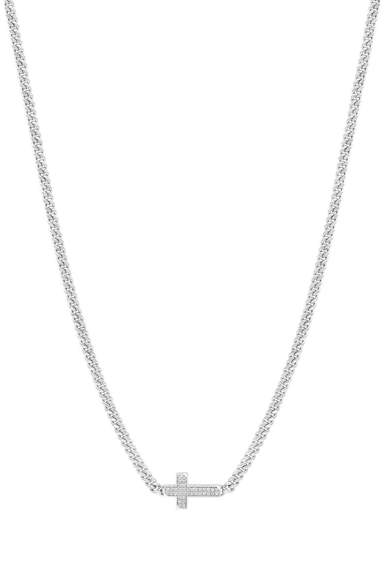 Sterling Silver Pavé Sapphire Cross Pendant Necklace, Main, color, WHITE