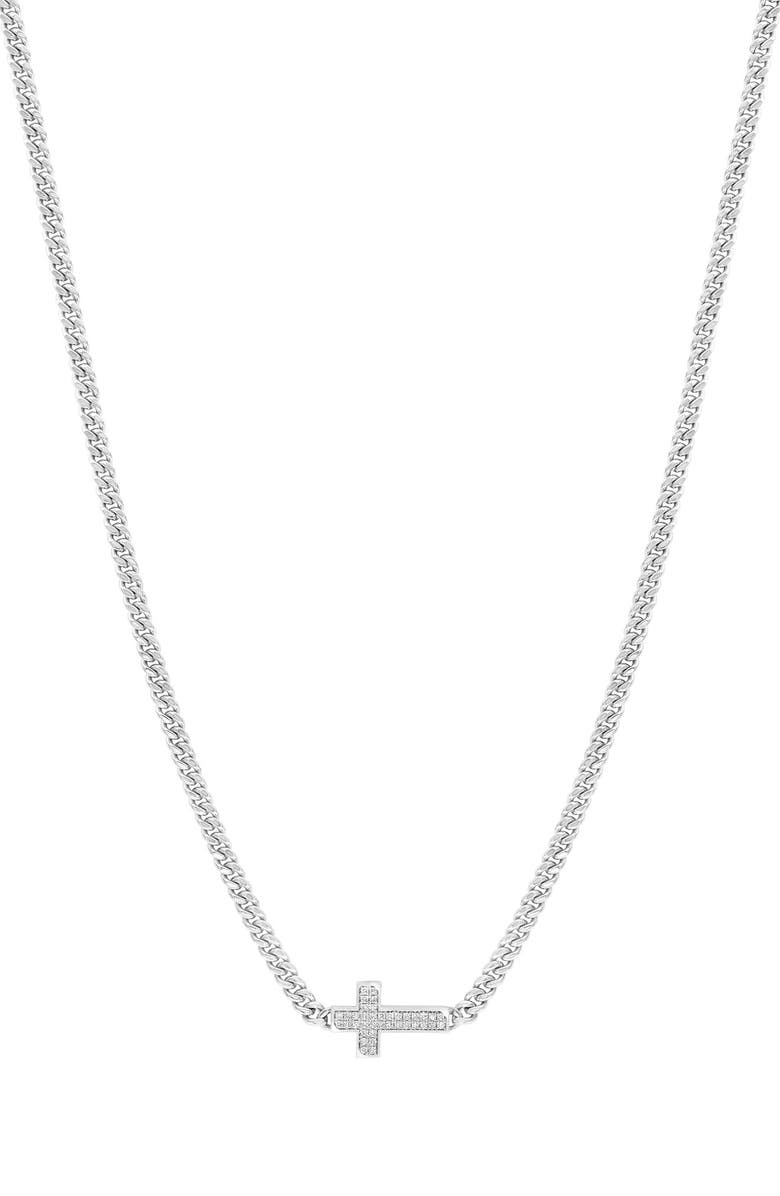 EFFY Sterling Silver Pavé Sapphire Cross Pendant Necklace, Main, color, White