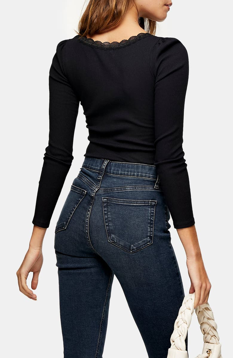 Topshop Lace Trim Long Sleeve Top, Alternate, color,