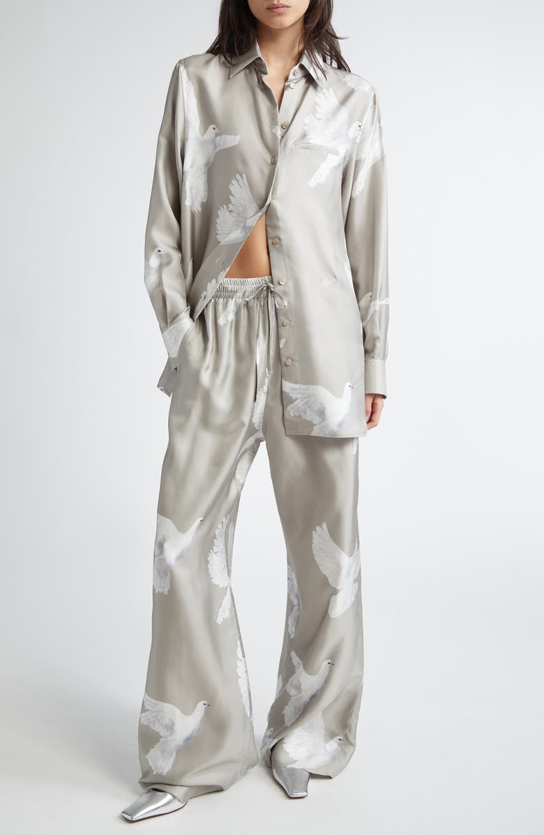 Stella McCartney Birds Print Silk Satin Pants, Alternate, color, Mud