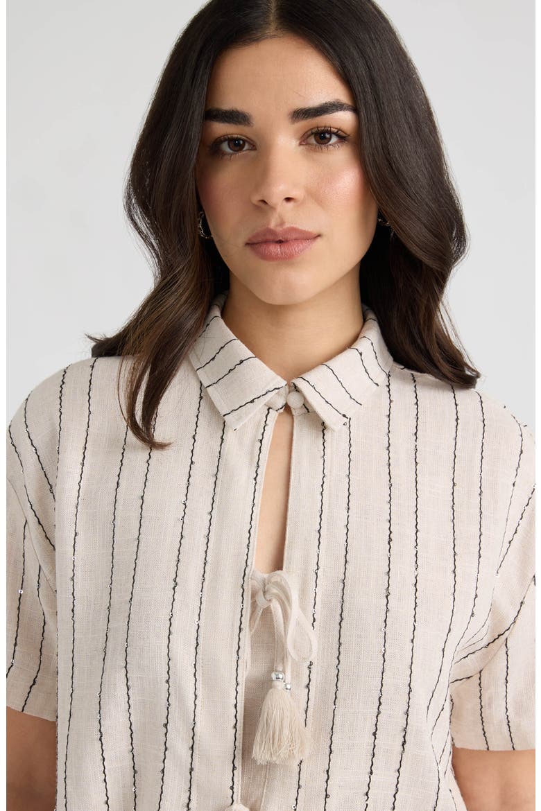 Sequin Tie Front Top, Alternate, color, NATURAL/ BLACK STRIPE