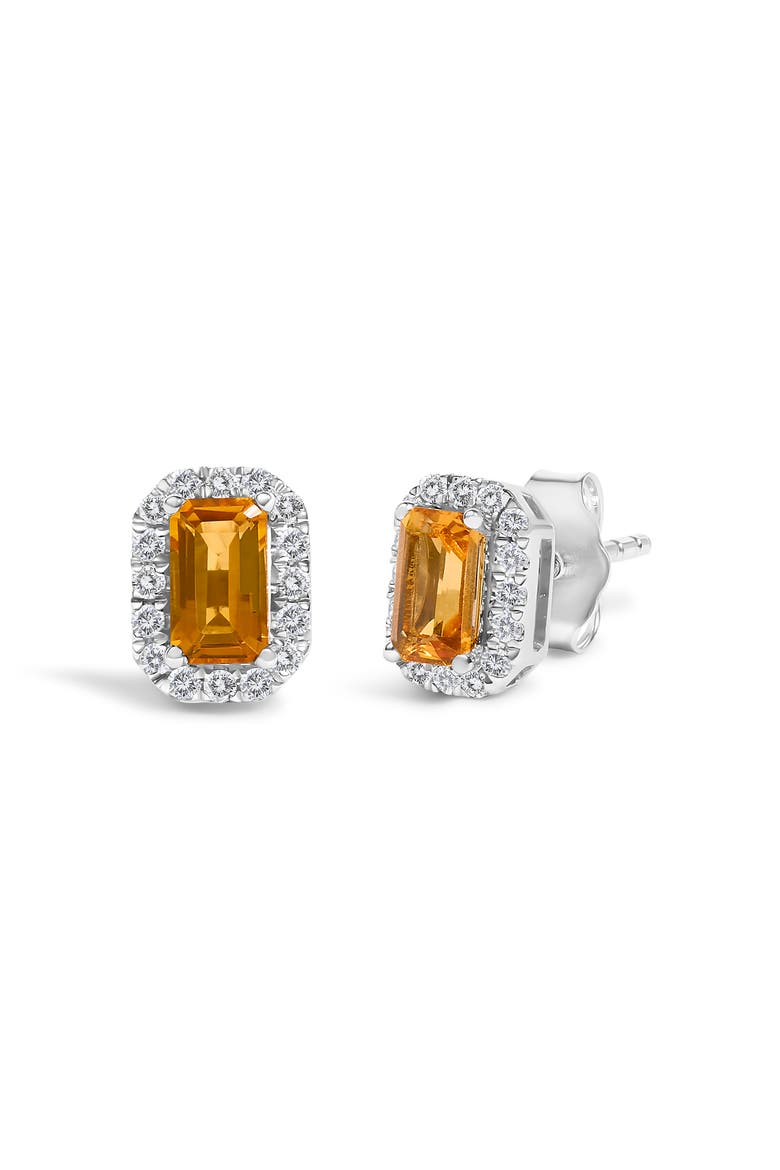 10K Gold 5x3mm Emerald-Cut Gemstone and 1/7 Cttw Diamond Halo Octagonal Stud Earrings, Alternate, color, Orange Citrine | White