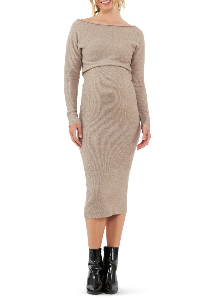 Tobie Off the Shoulder Long Sleeve Maternity/Nursing Dress, Main, color, MOCHA