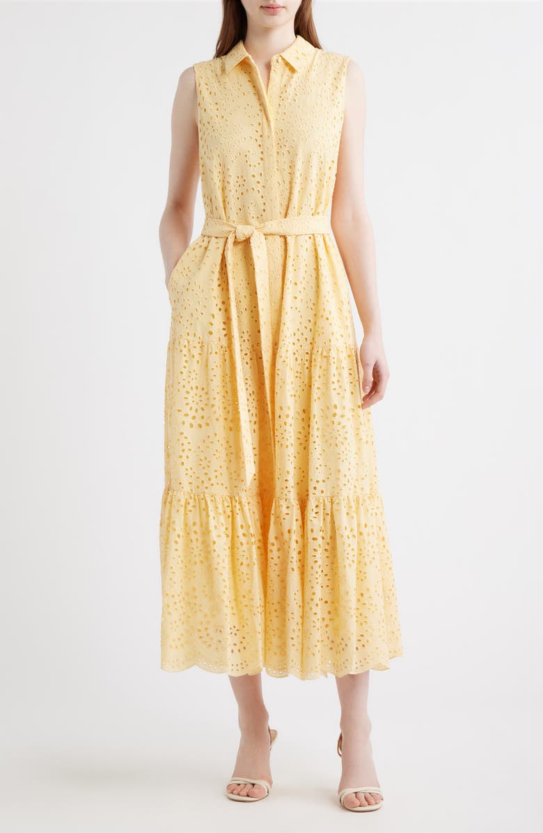 KOBI HALPERIN Camila Eyelet Tie Waist Sleeveless Maxi Dress, Main, color, Chamomile