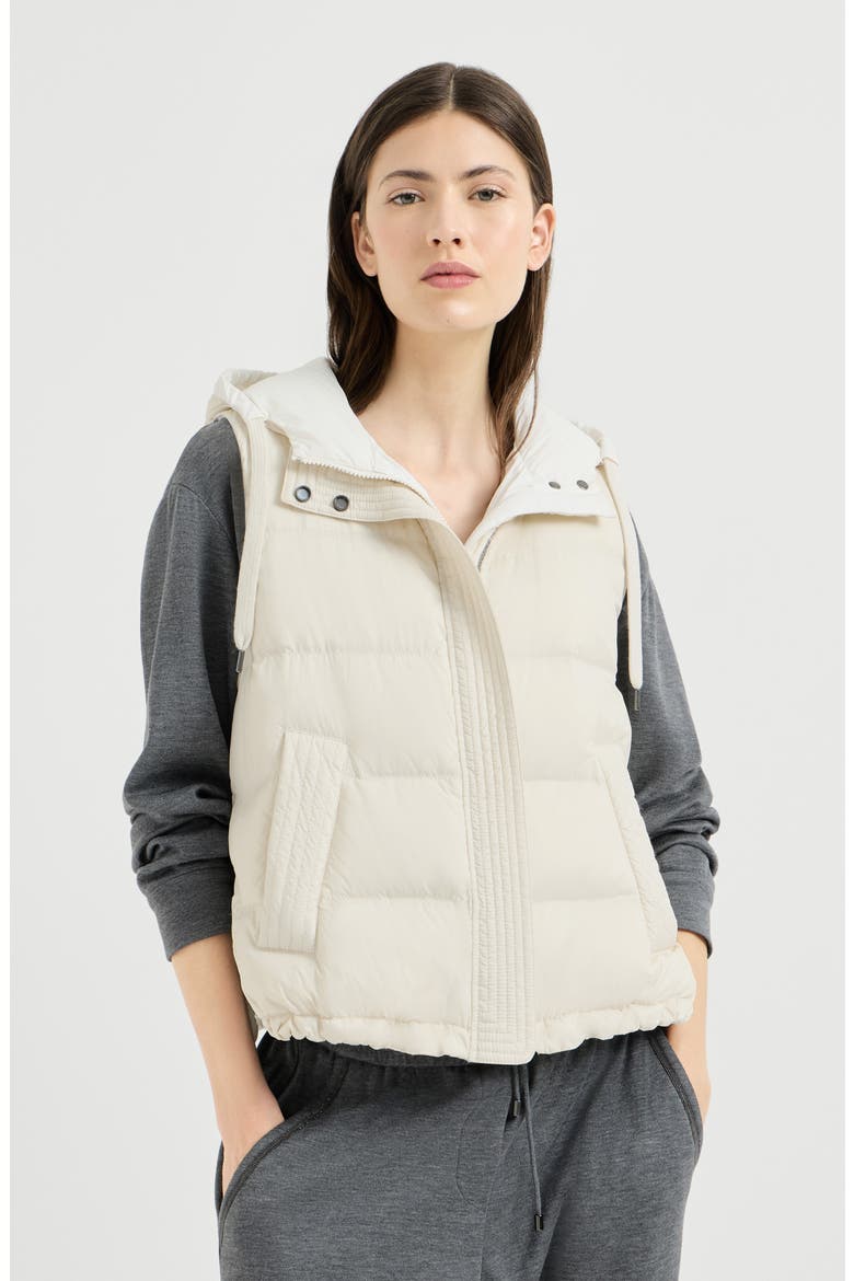 Lightweight matte nylon down vest with hood and shiny trim, Main, color, Milk