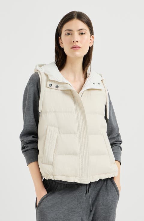 Lightweight matte nylon down vest with hood and shiny trim
