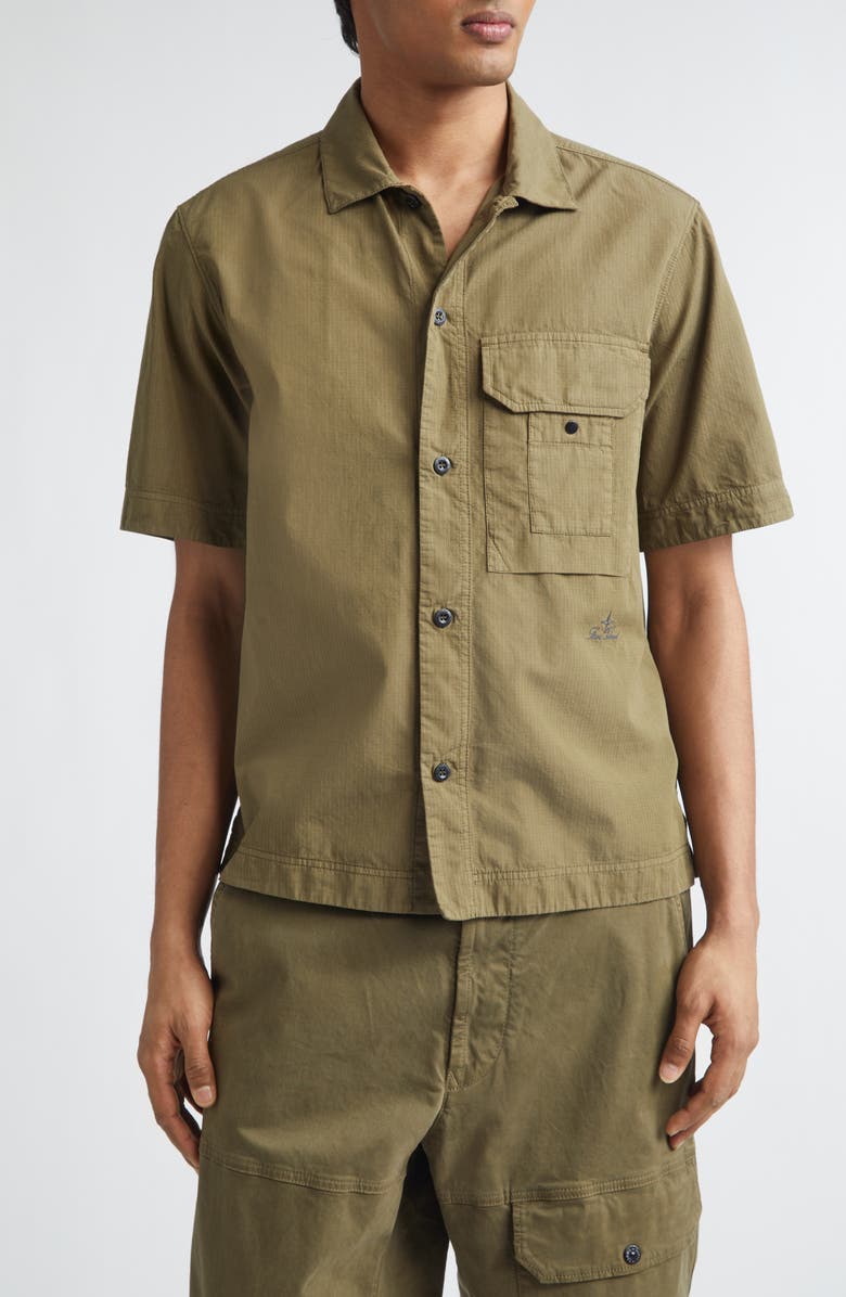 Stone Island Cotton & Nylon Ripstop Short Sleeve Button-Up Shirt, Main, color, Military Green