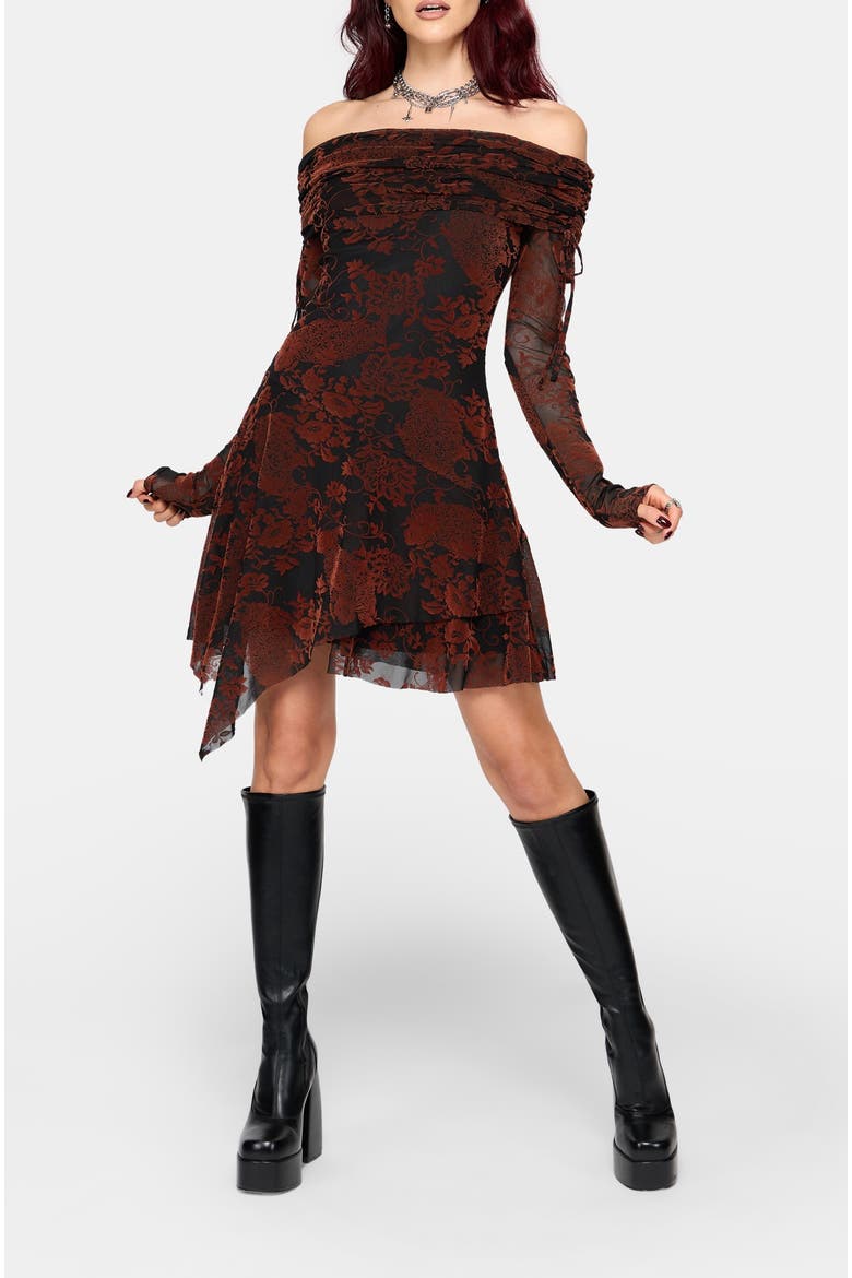 Allegra Bardot Flocked Mini Dress, Main, color, Black