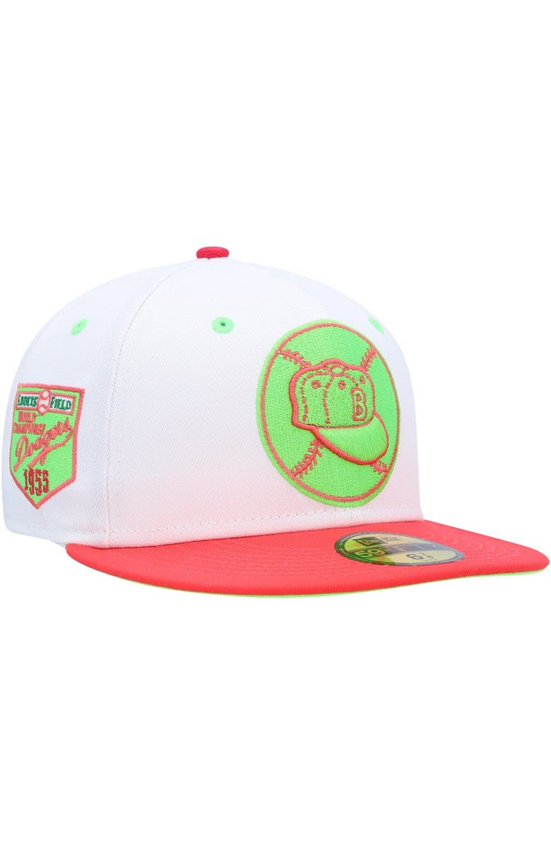 New Era Men's New Era White/Coral Brooklyn Dodgers Cooperstown Collection 1955 World Series Strawberry Lolli 59FIFTY Fitted Hat, Main, color, 