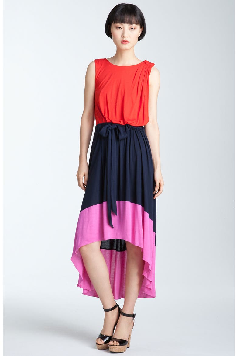 'Phoebe' Asymmetrical Hem Colorblock Dress, Main, color, FLAME SCARLET MULTI