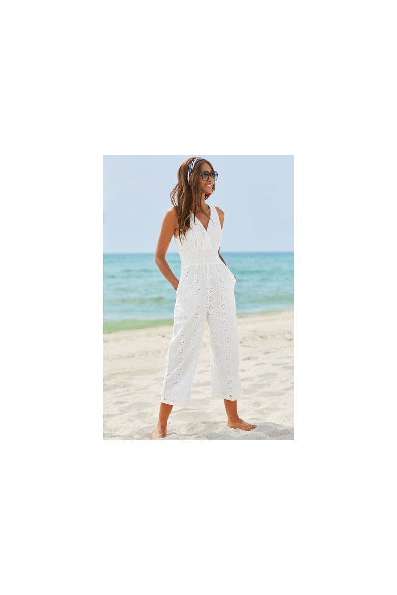 Sleeveless Eyelet Jumpsuit, Alternate, color, White
