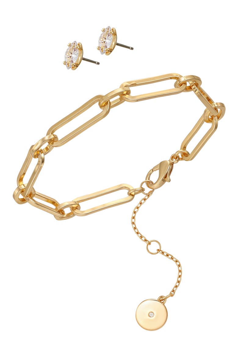 Paperclip Chain Bracelet & Cubic Zirconia Stud Earrings Gift Set, Alternate, color, GOLD