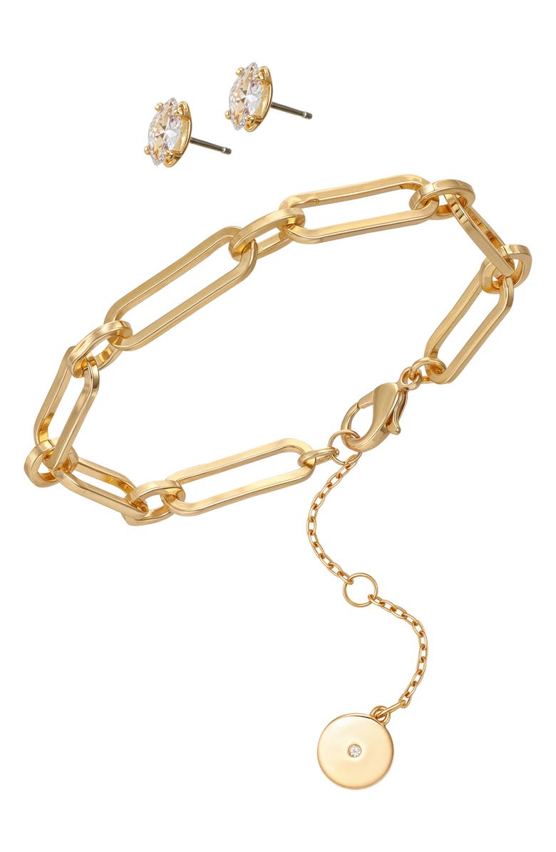Vince Camuto Paperclip Chain Bracelet & Cubic Zirconia Stud Earrings Gift Set, Alternate, color, Gold