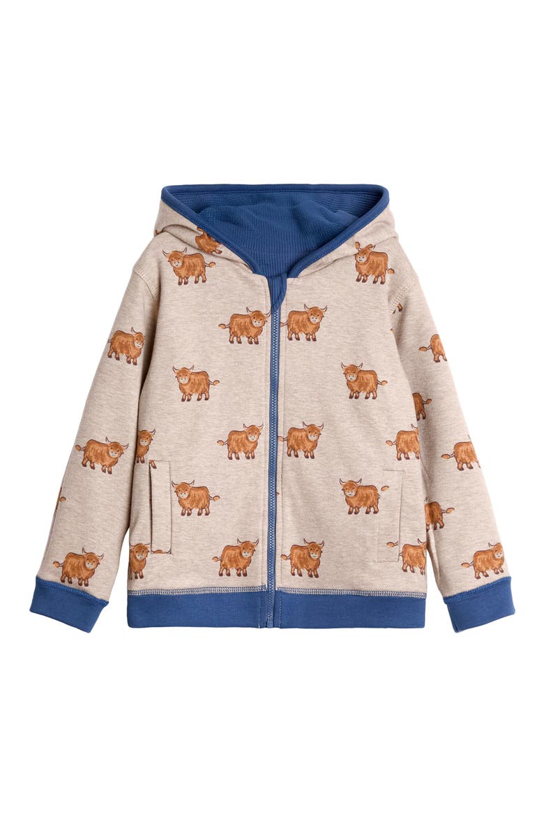 Kids' Highland Cow Reversible Cotton Zip-Up Hoodie, Alternate, color, INDIGO