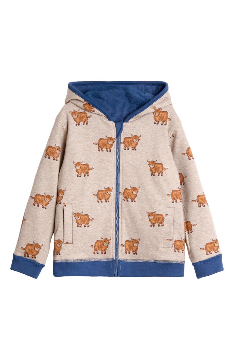 JOJO MAMAN BEBE Kids' Highland Cow Reversible Cotton Zip-Up Hoodie, Alternate, color, Indigo