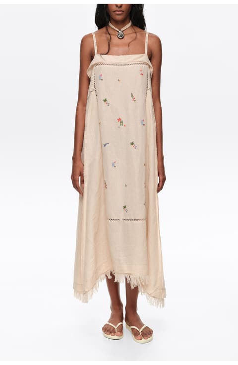 Linen A-Line Mini Dress With Embroidery