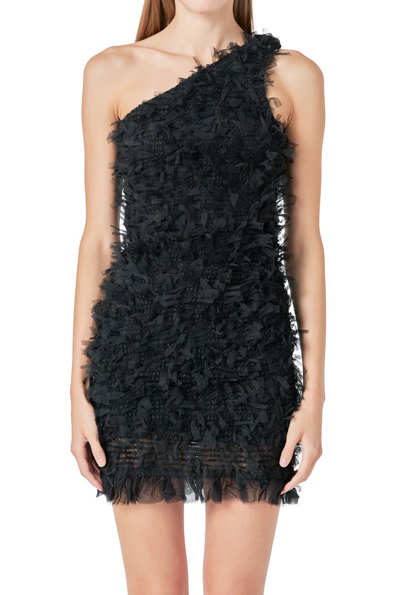 One-Shoulder Mesh Fringe Minidress, Alternate, color, BLACK