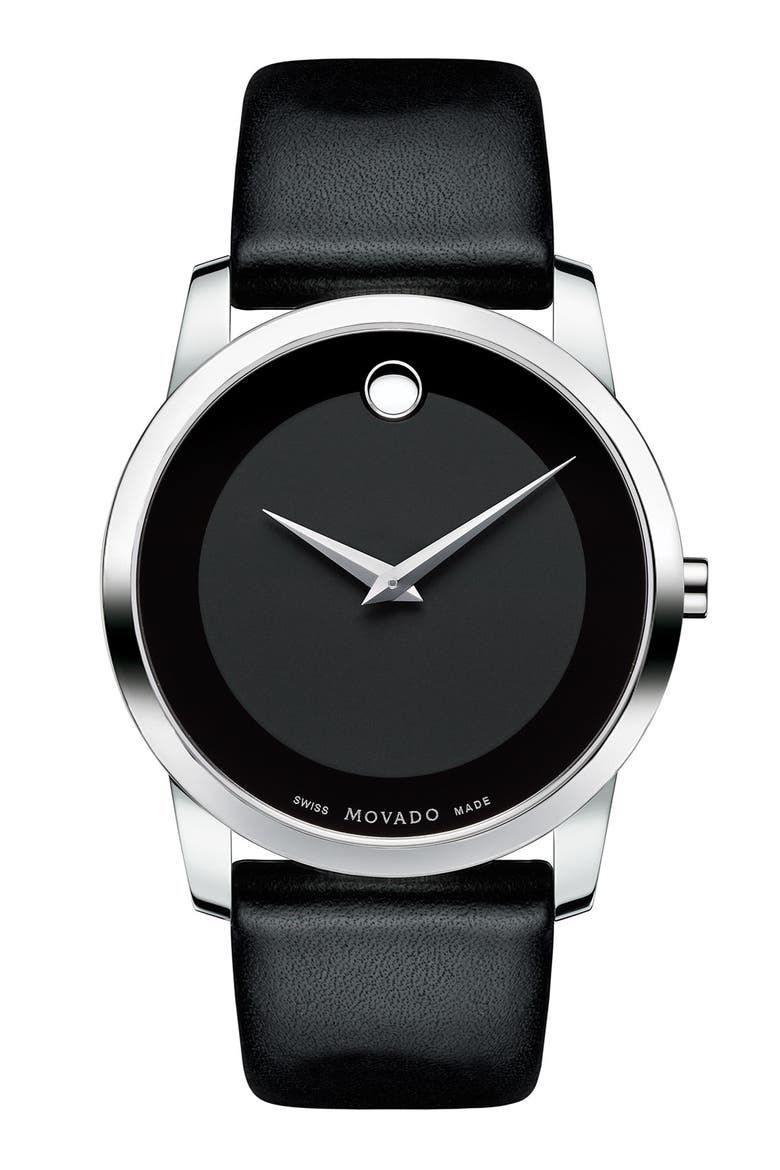 'Museum' Leather Strap Watch, 40mm, Main, color, BLACK