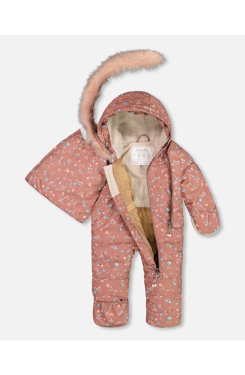 Deux par Deux Baby Girl's One Piece Baby Hooded Snowsuit Printed Vintage Flowers Designed For Car Seat, Alternate, color, 