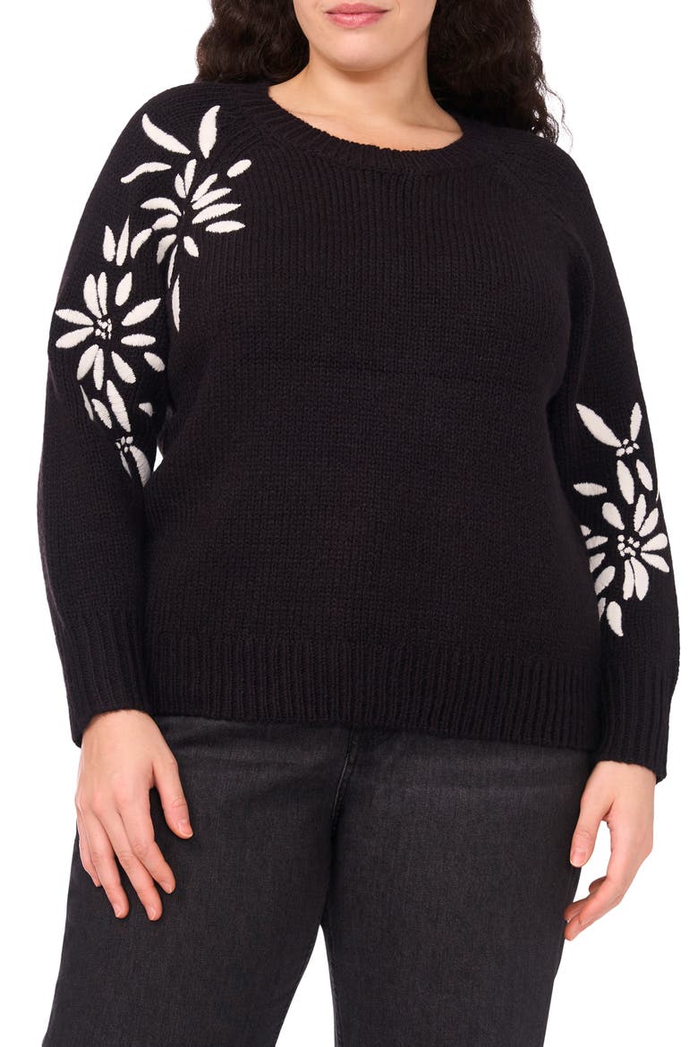 Embroidered Floral Sweater, Main, color, RICH BLACK