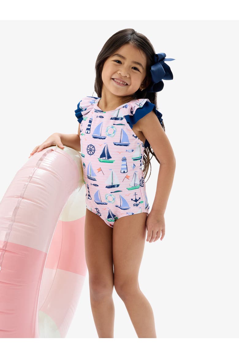 Girls V-Back UPF50+ One Piece, Alternate, color, Pink Sweet Sails