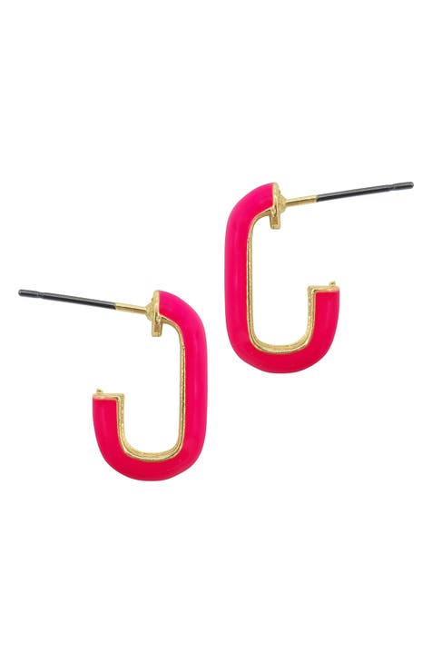 Pink Enamel J-Huggie Hoop Earrings