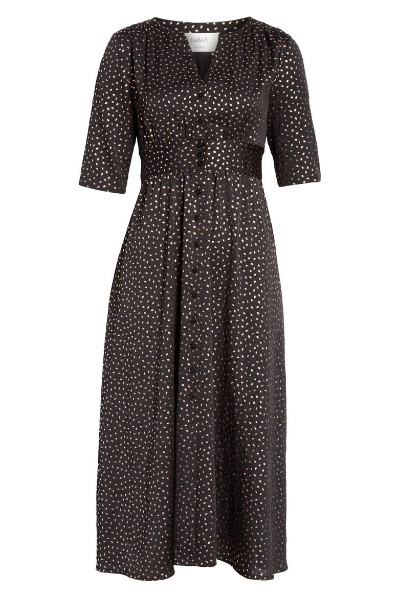 Gala Foil Print Midi Dress, Alternate, color, NOIR