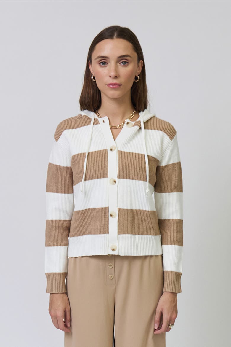 Chloe Hooded Rugby Cardigan, Alternate, color, Camel/Ivory