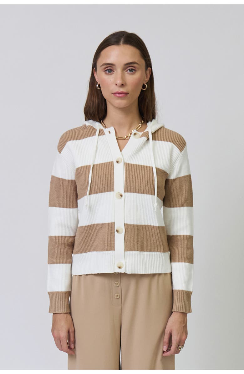 Central Park West Chloe Hooded Rugby Cardigan, Alternate, color, Camel/Ivory