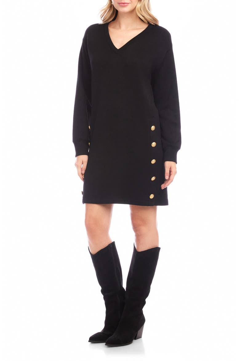 Crested Button Long Sleeve Sweater Dress, Main, color, BLACK