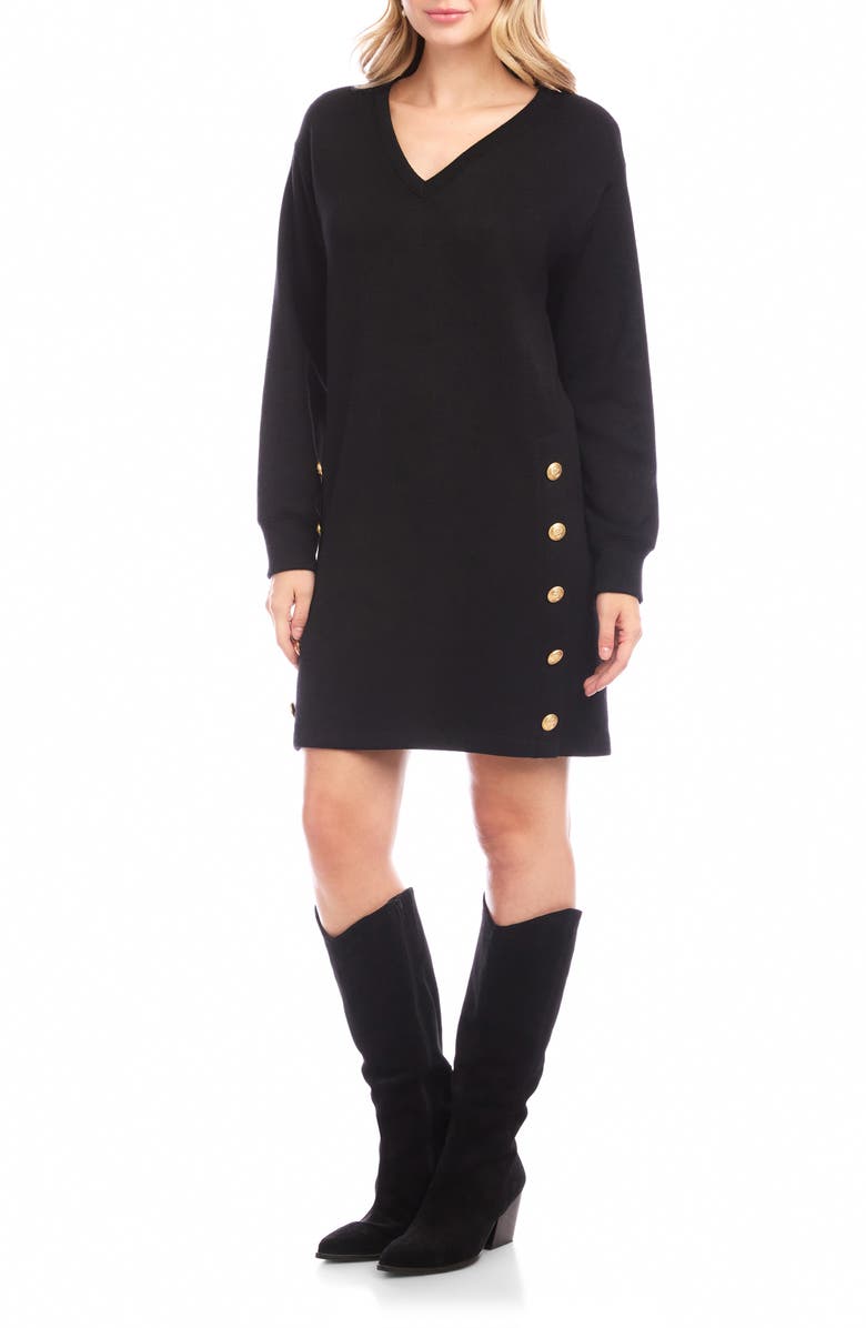 Karen Kane Button Detail Long Sleeve Shift Dress, Main, color, Black
