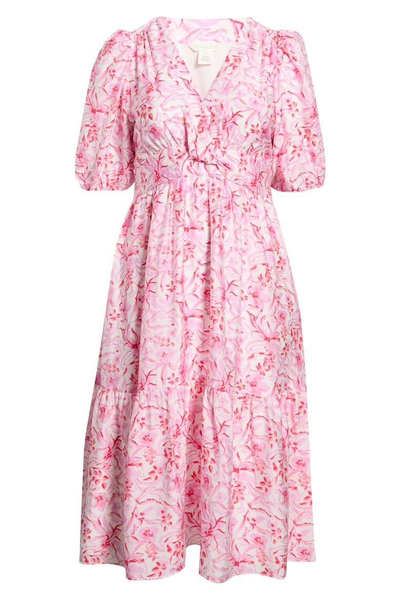 Floral Twist Front Midi Dress, Alternate, color, IVORY- PINK DAISY GARDEN