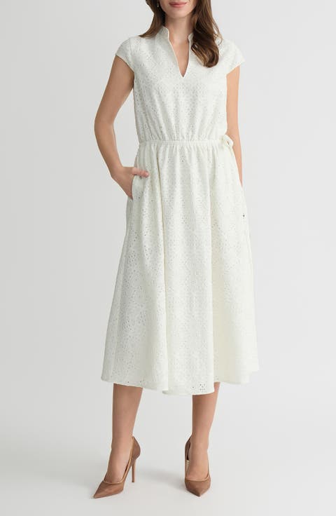 Eyelet Cap Sleeve Midi Dress